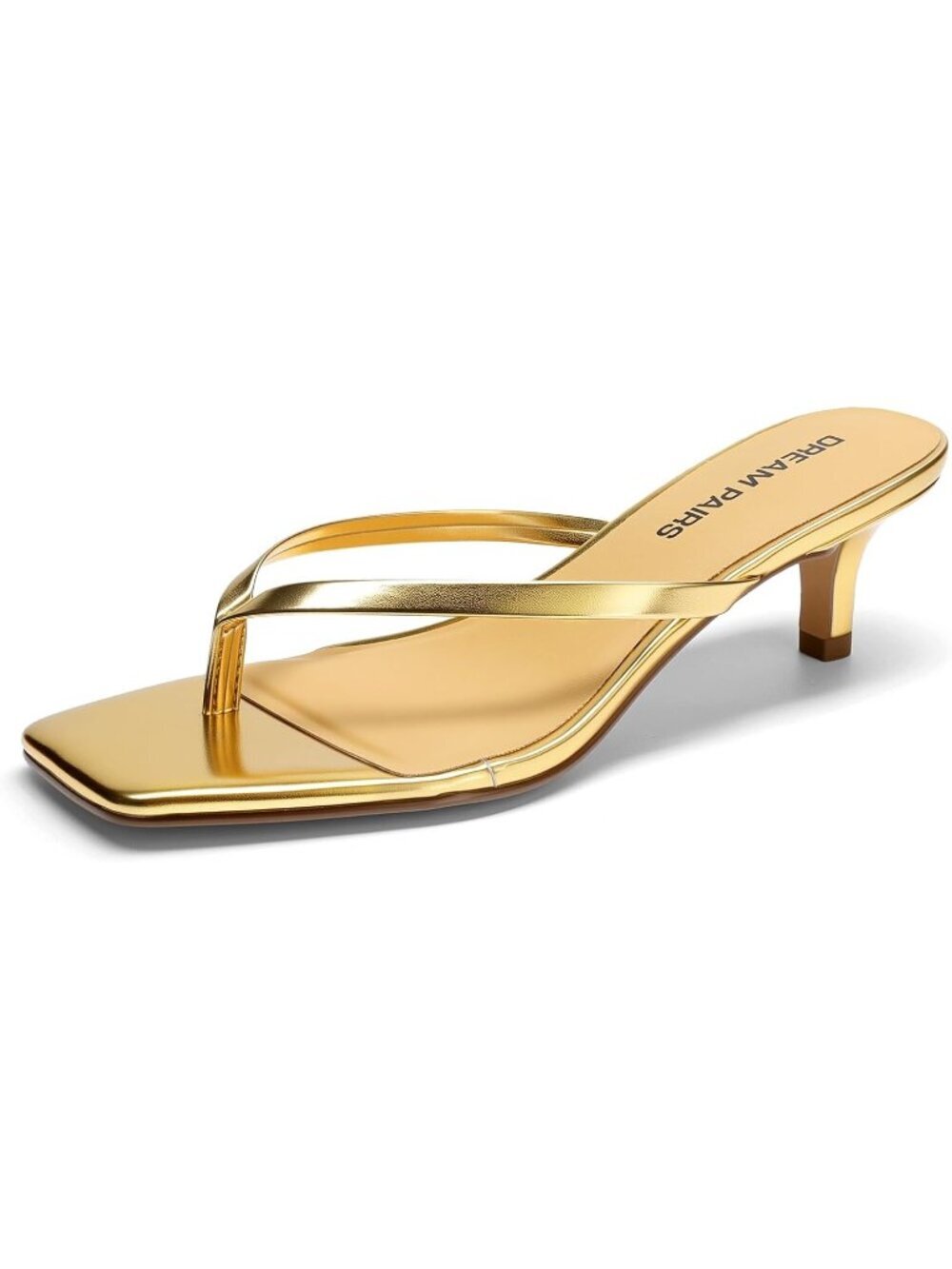 Women's Flip Flop Low Heels Square Open Toe Gold Sandals Thong 1.96 Inch Heels